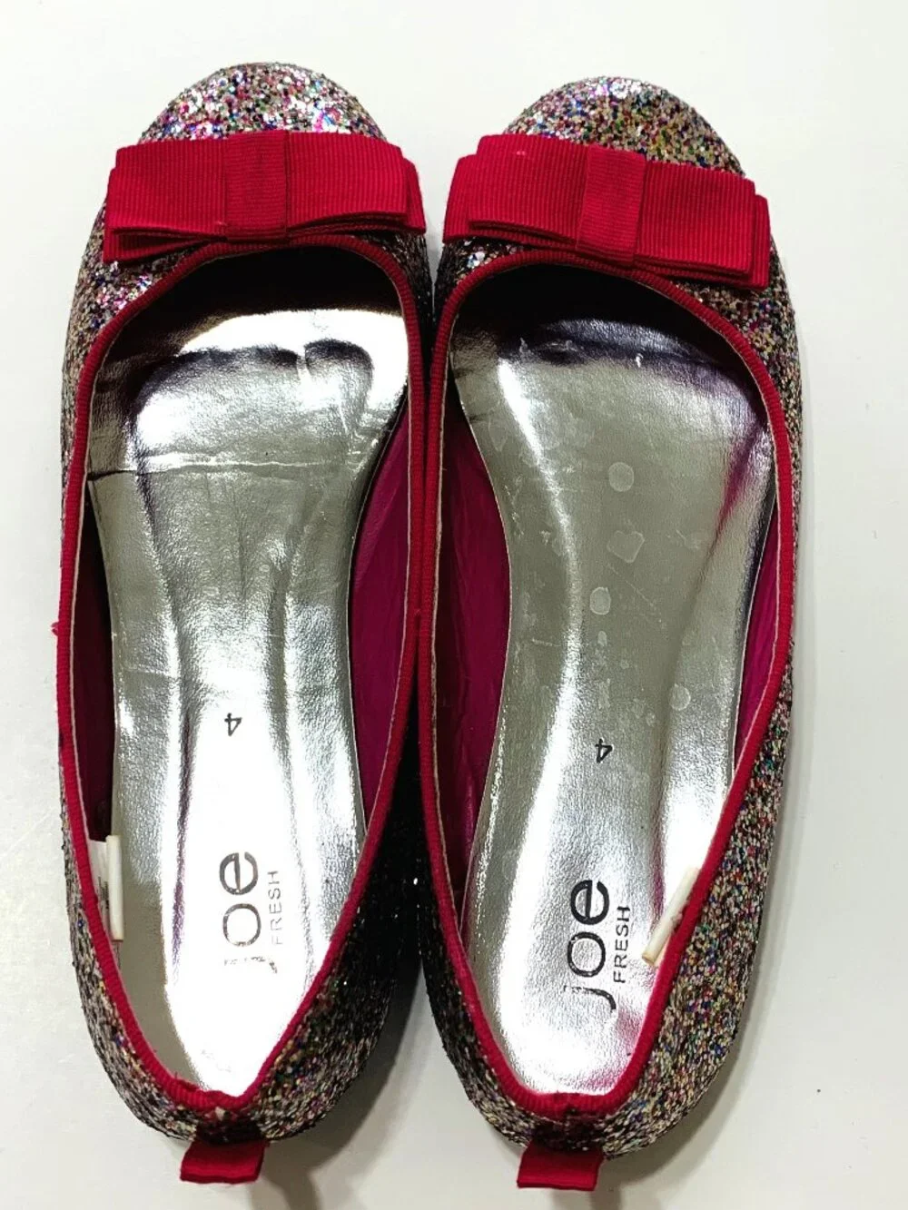 Like New Girls Glitter Ballet Flats Pink Bow Sequin Slip-On Sparkling Size 4